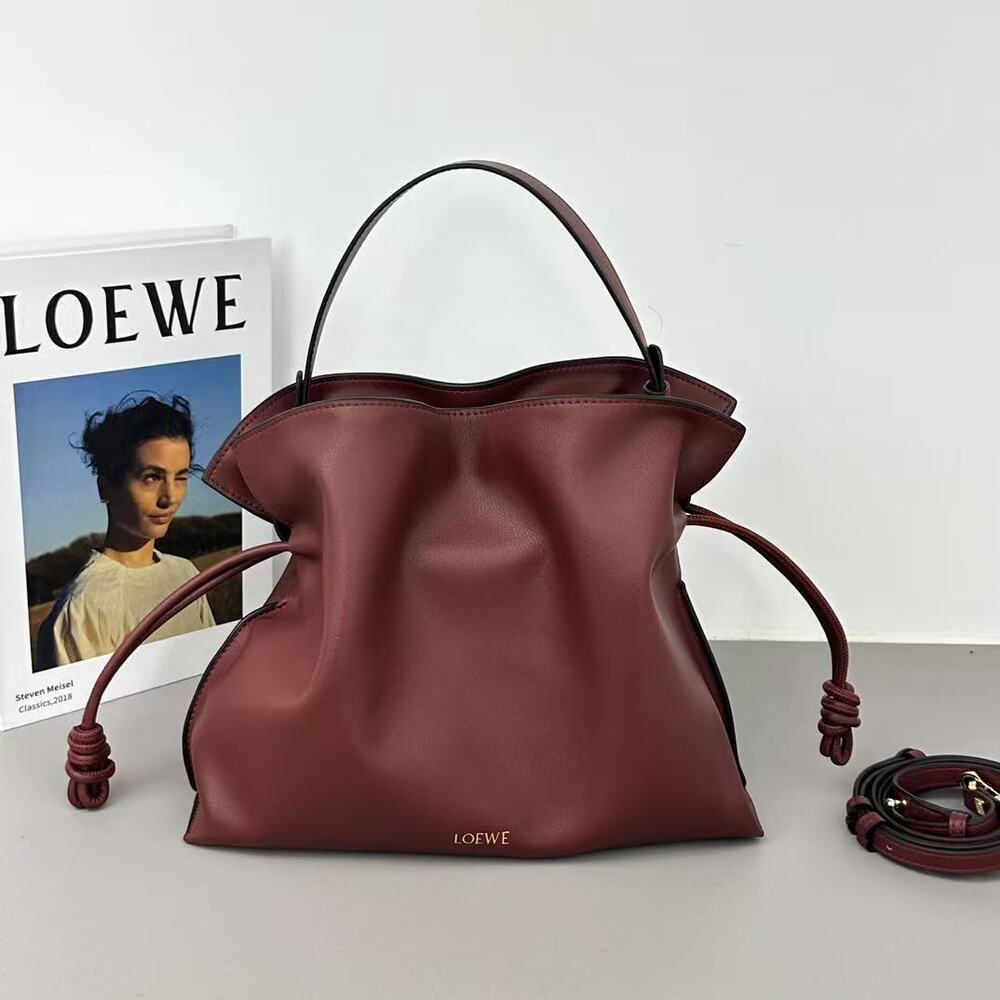 Loewe Burgundy Leather Flamenco Drawstring Bucket Bag